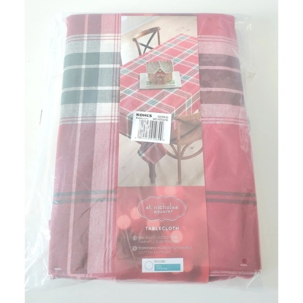 St Nicholas Square Fabric Tablecloth Red & Green Plaid Round 70" Christmas NEW
